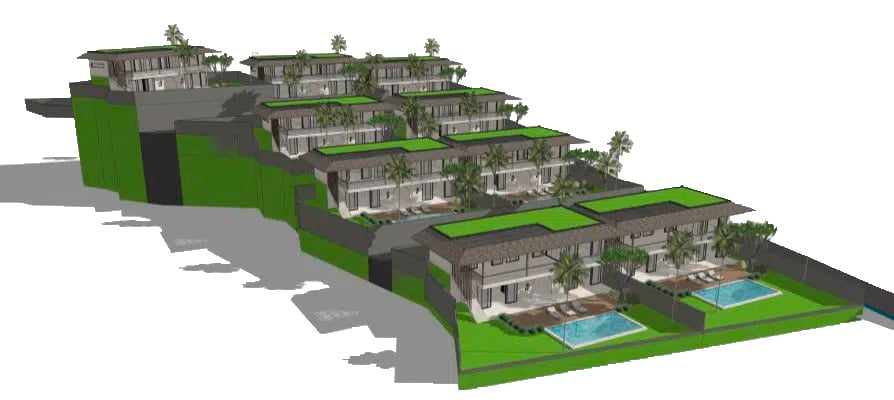 3D architect impression of the 9 villa complex at Vesica Villas Celuke, Amed.